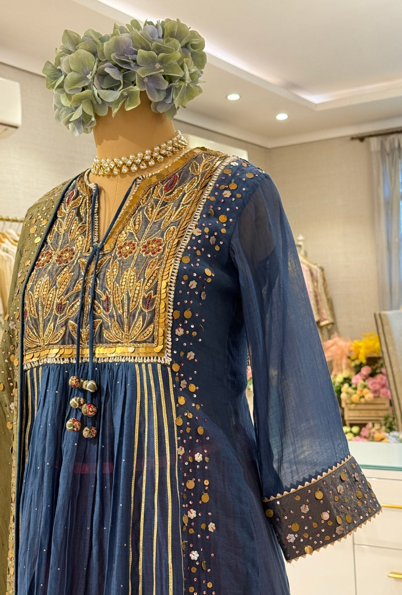 Blue Heavy Hand Embroidered Yoke Front Gather Anarkali Set