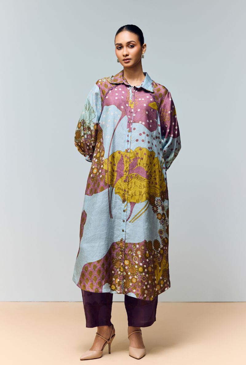 Greyish Blue Hand Printed Shirt Collar Eden Co-Ord Set