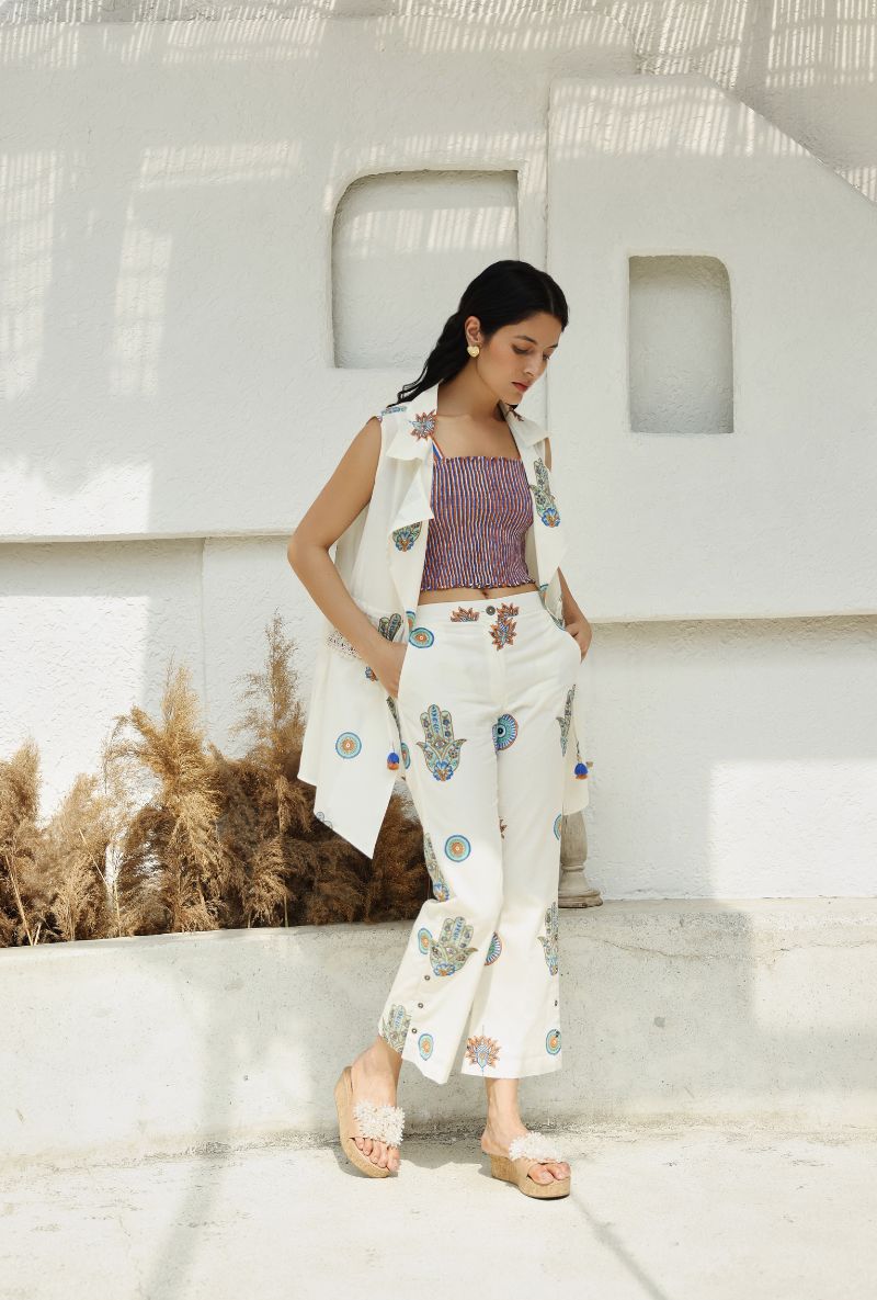 Ivory Hamza Print Gaze Jacket Set