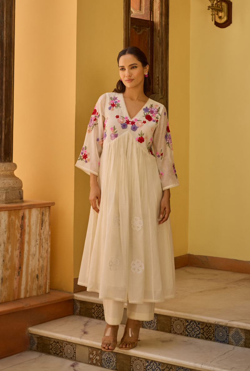 Ivory Hand Embroidered Kalidaar Anaardana Kurta Set