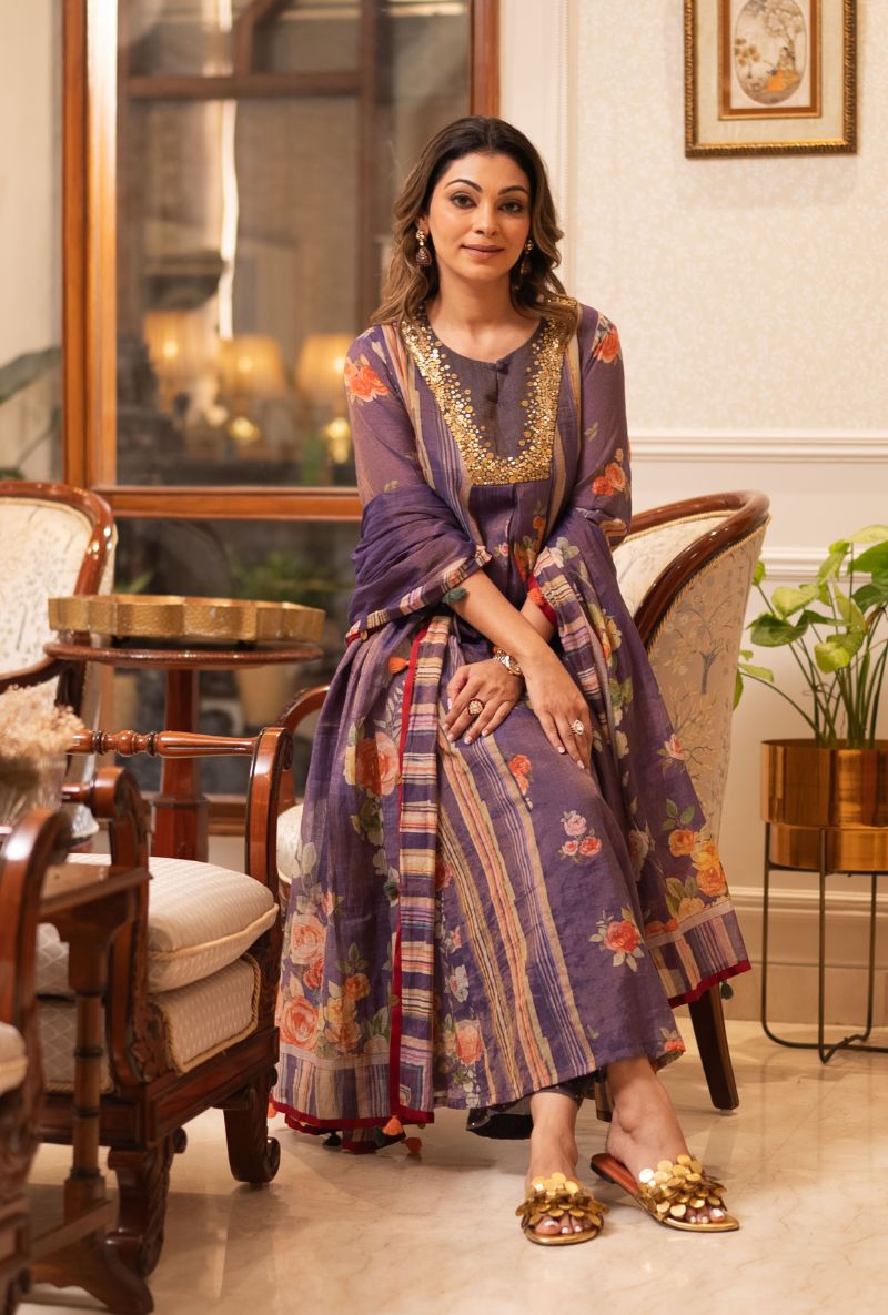 Meghna Nayyar in Purple Sequin Yoke Bageecha Anarkali Set