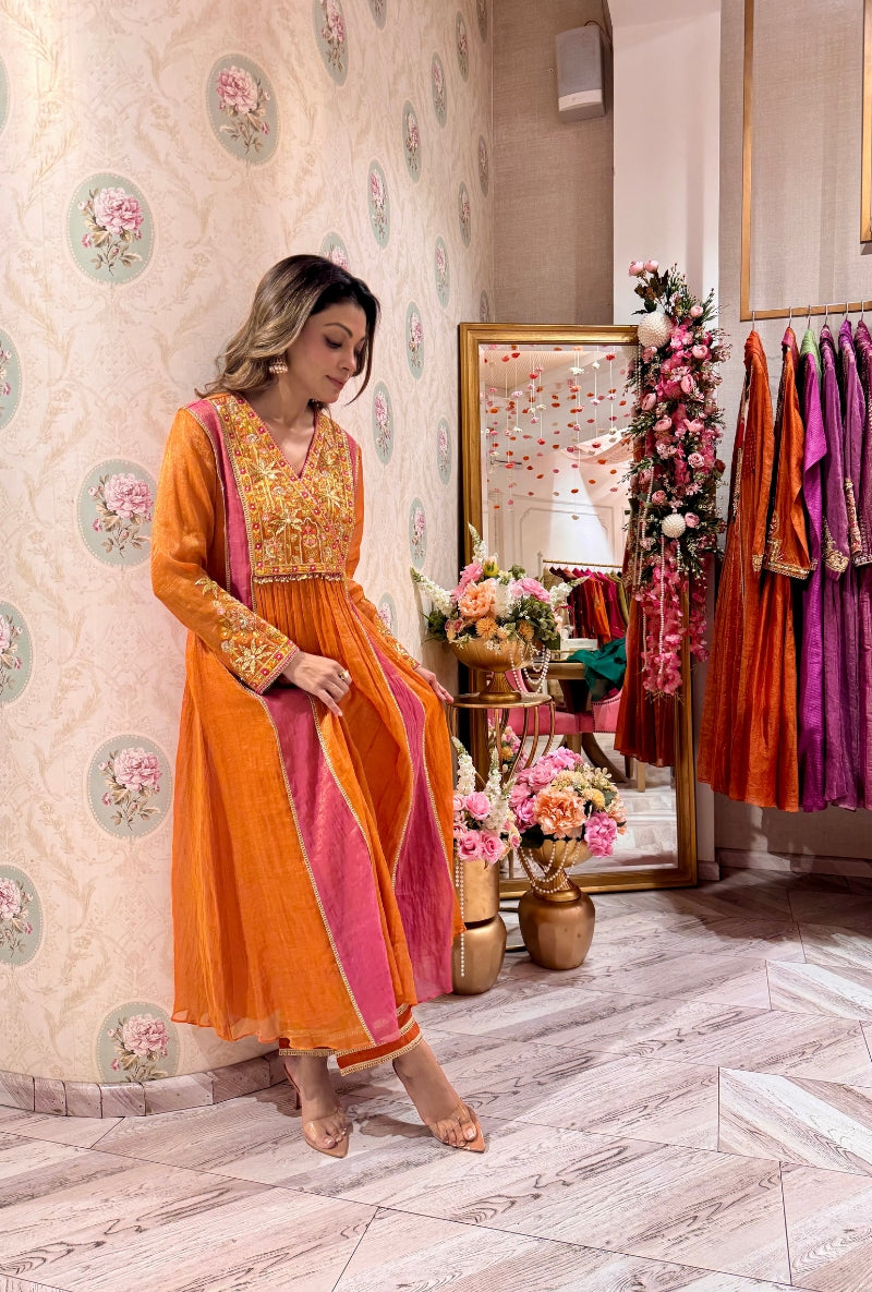 Meghna Nayyar in Rust Embroidered Overlap Yoke Anarakali Set