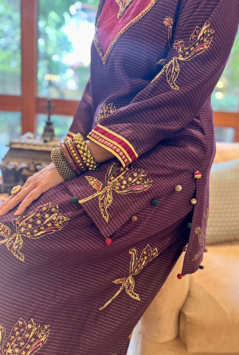 Meghna Nayyar in Purple Hand Embroidered Neck Farshi Set