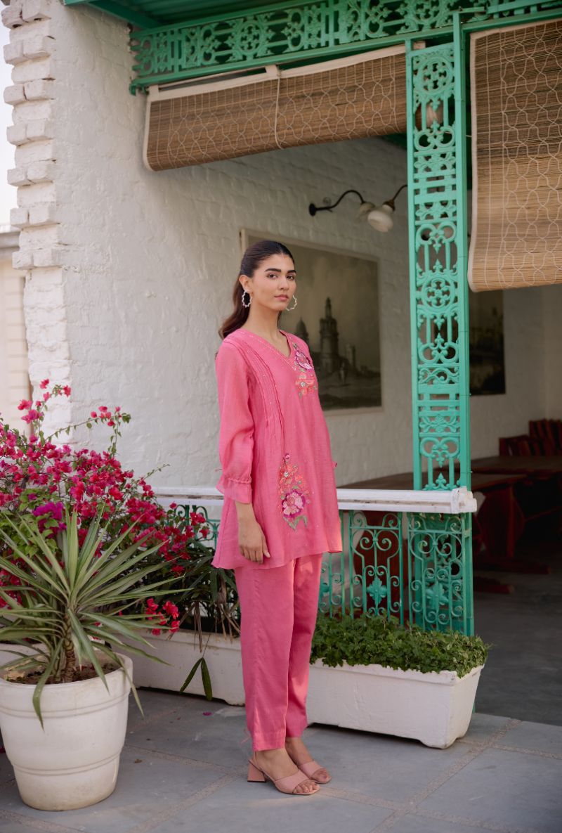 Pink Floral Embroidered With Pintucks Vaidehi Co-ord Set