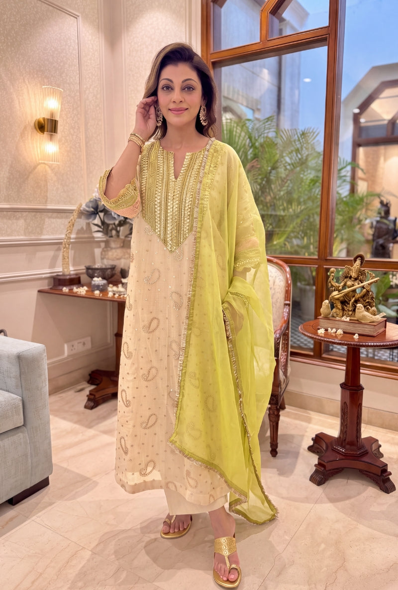 Meghna Nayyar in Ivory Mukaish Kimono Kurta  Set