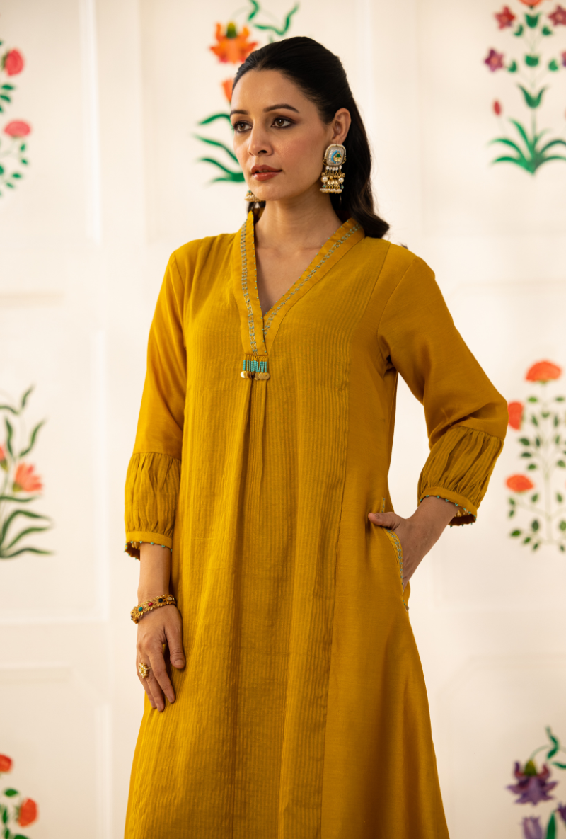 Yellow High Collar Kishmish Kurta Set