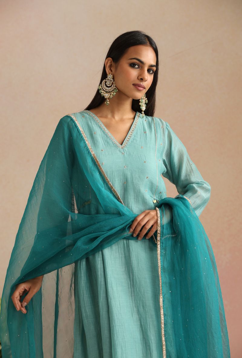 Ice Blue Zari And Dabka Work Itrh Kurta Set