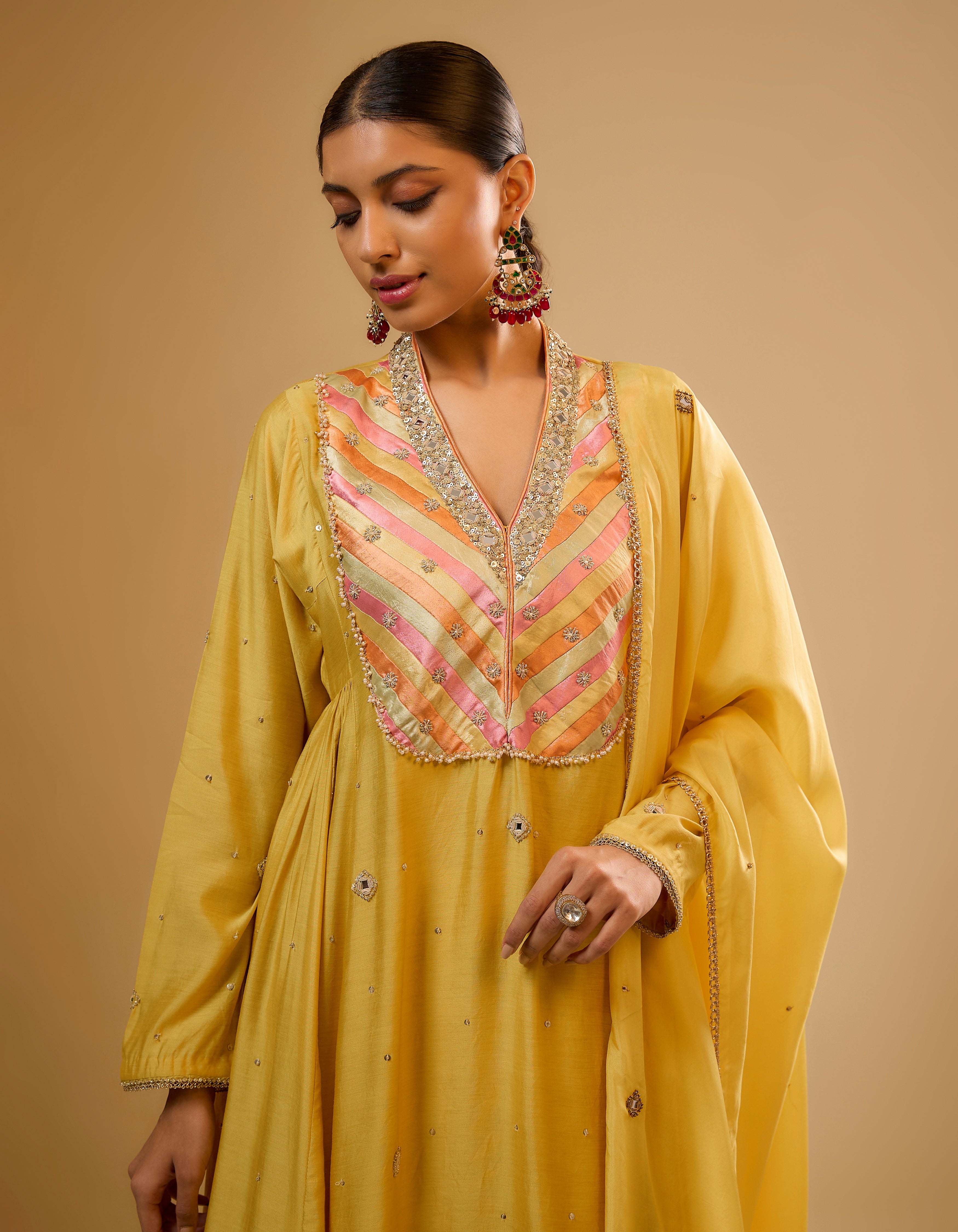 Yellow Stripe Yoke Rani Kurta Set
