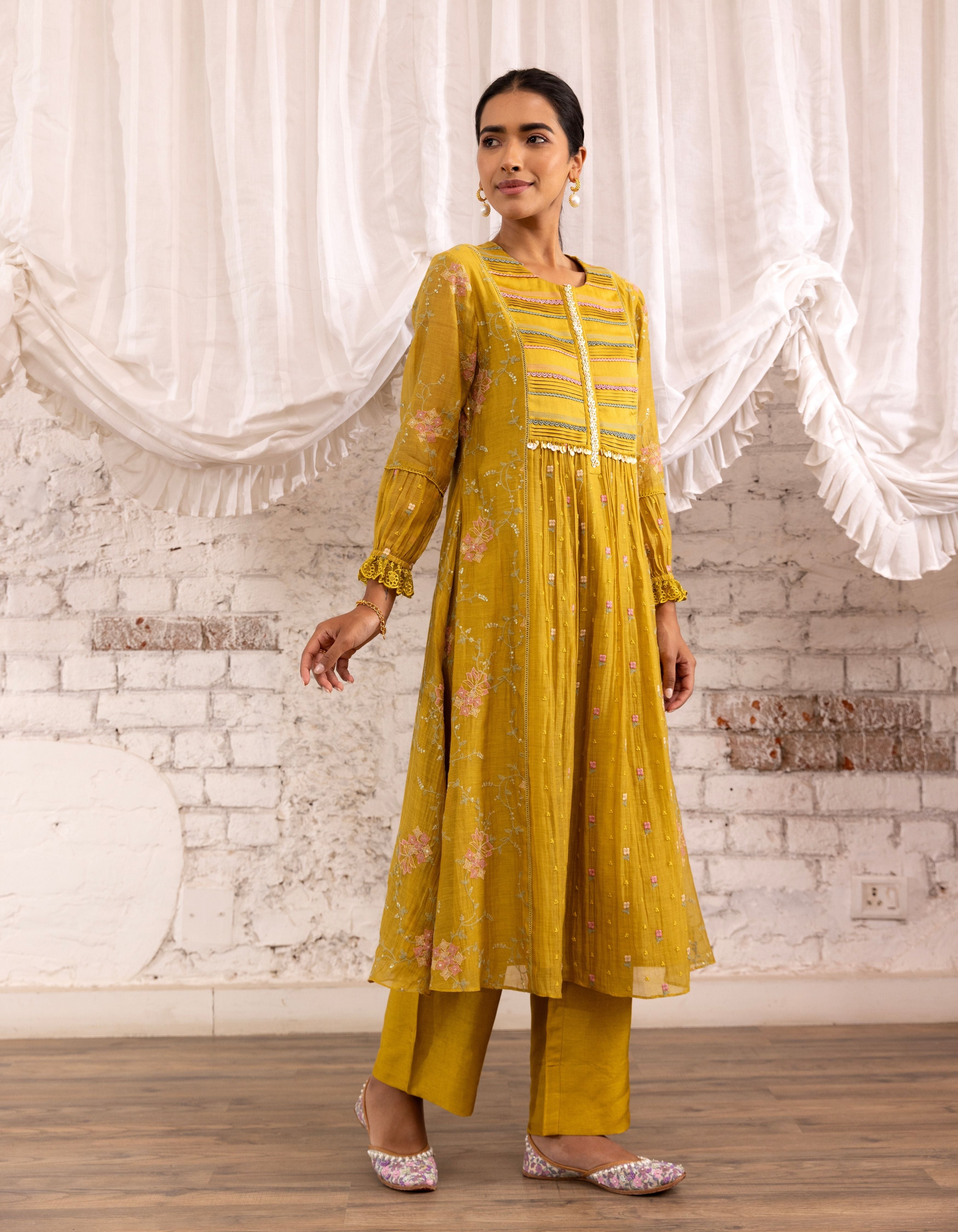 Mustard Threadwork Long Yoke Noor Kurta Set
