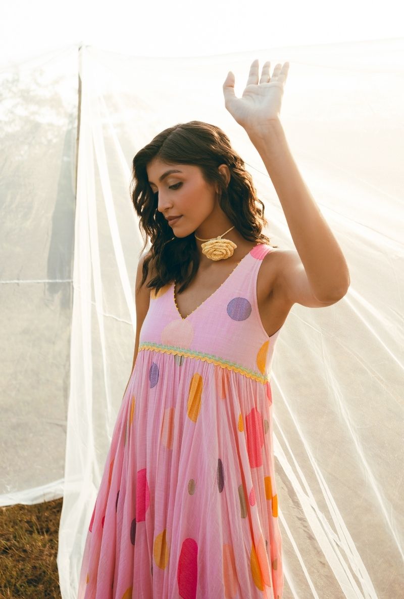 Pink Polka Sleeves Flared Barfi Dress