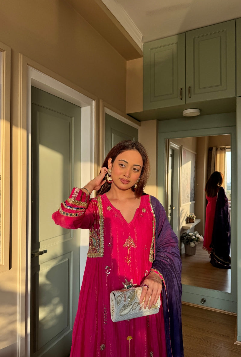 Ishita Sandhu in Rani Pink Embroidered Side Panel Morbagh Kurta Set