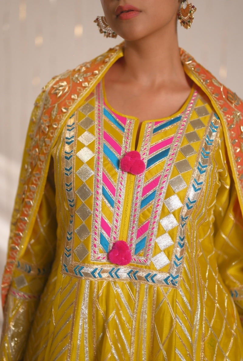 Yellow Gota Lace and Patti Long Mehreen Anarkali Set