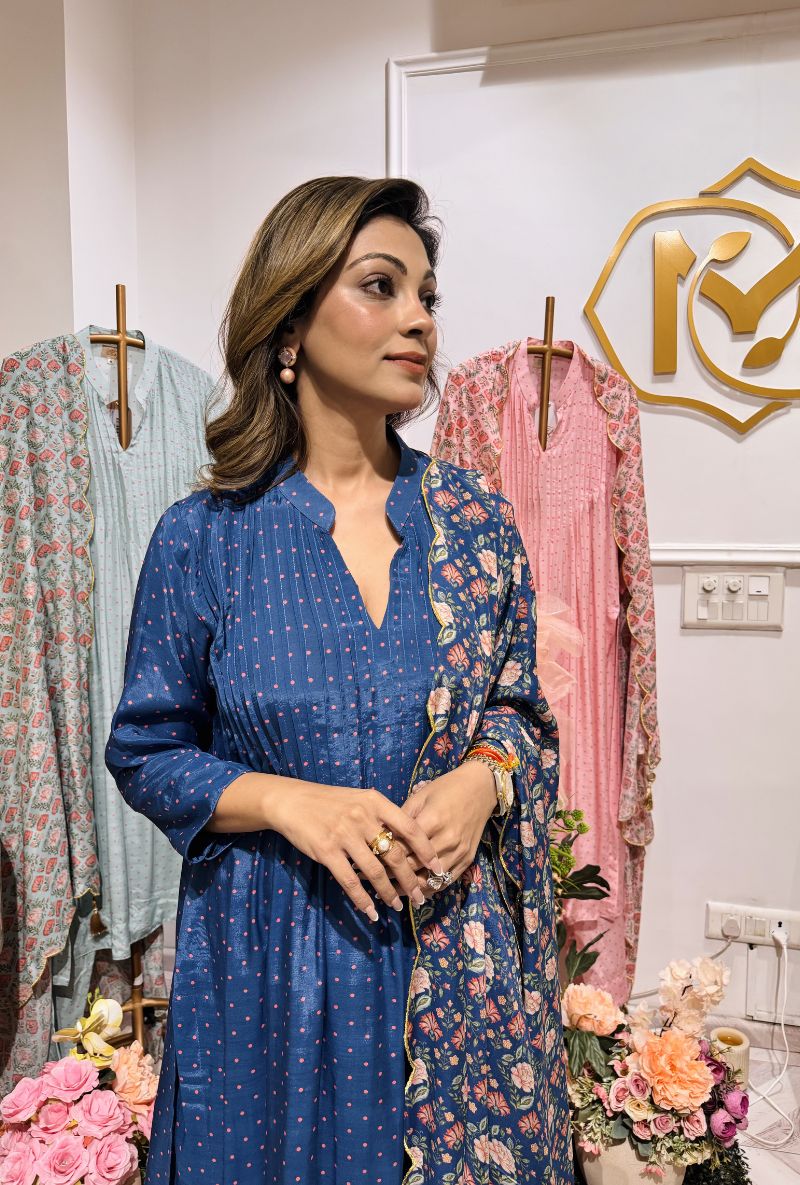 Meghna Nayyar in Blue Polka Dot Print A-Line Iris Kurta Set