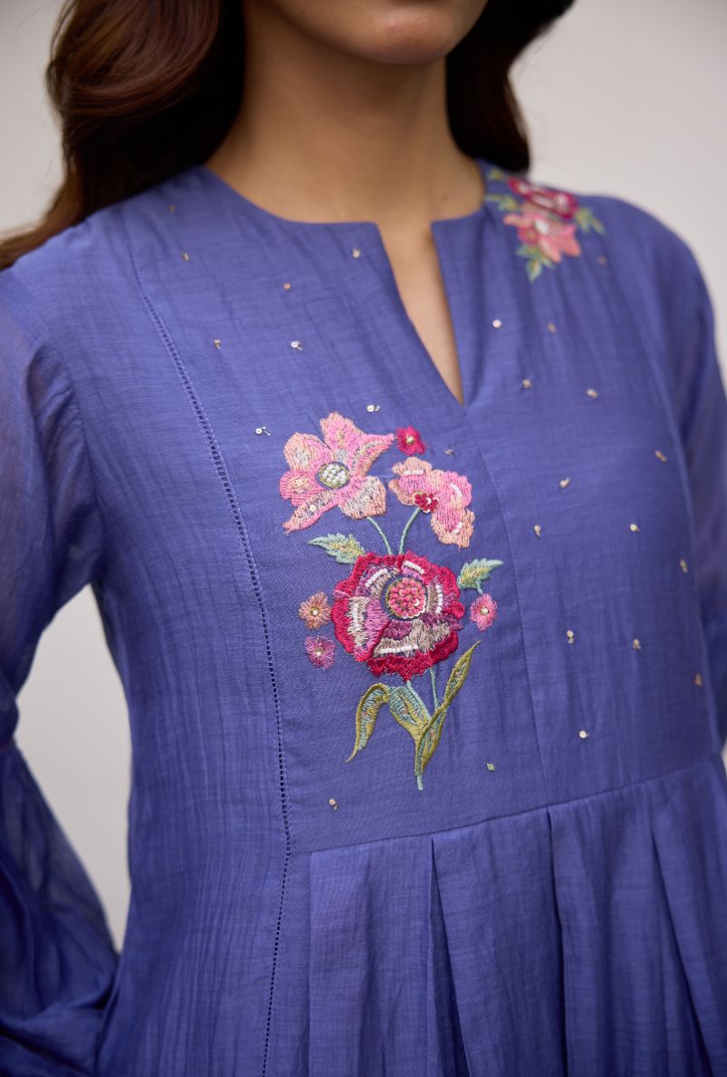 Blue Floral Embroidered Yoke Vaidehi Dress