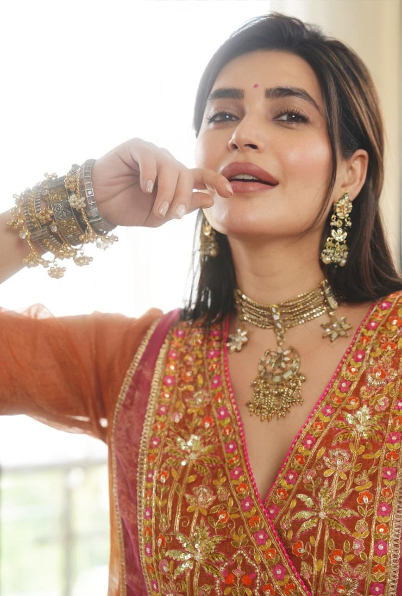 Karishma Tanna in Rust Embroidered Overlap Yoke Gulbano Anarkali Set