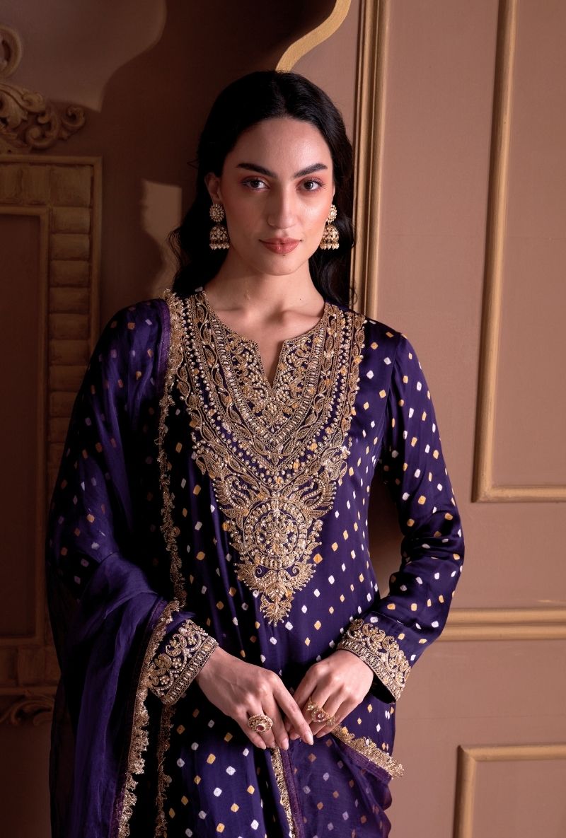 Woman in a purple traditional outfit with gold embroidery against a brown wall.