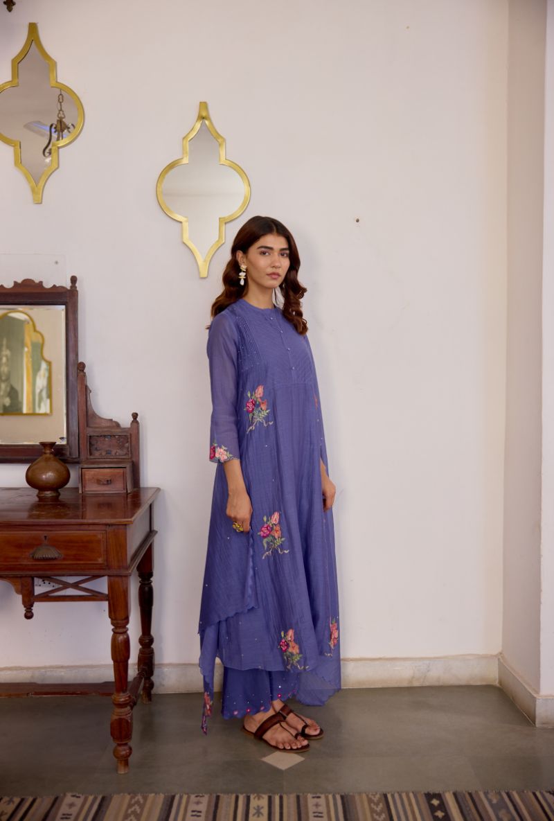 Blue Floral Embroidered &amp; Applique Vaidehi Kurta Set