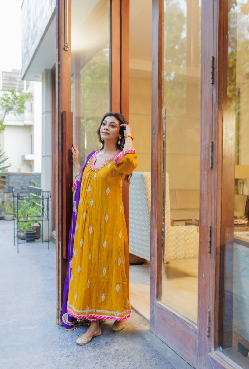 Meghna Nayyar in Mustard Embroidered Neck Front Gather Kurta Set