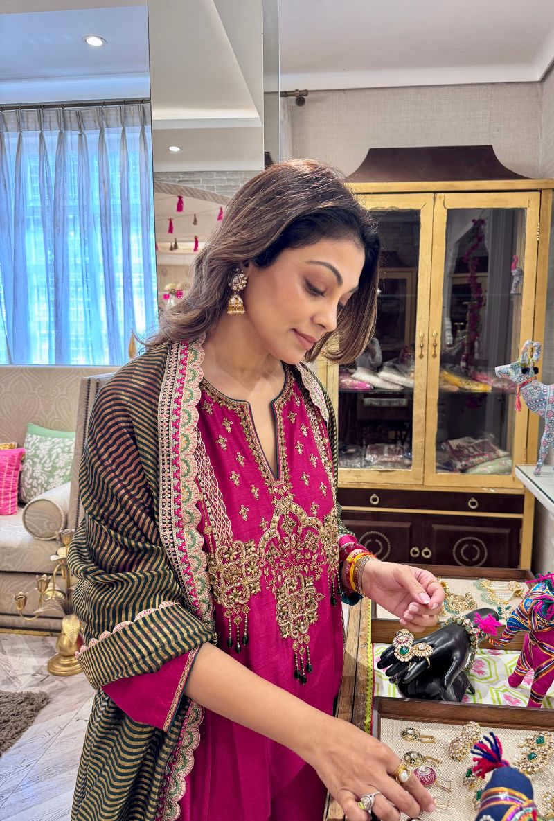 Meghna Nayyar in Rani Pink with Hand-Embroidered Yoke Kurta Set
