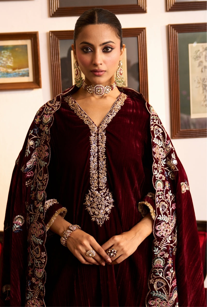 Wine Crushed Velvet Dilbar Kurta Set