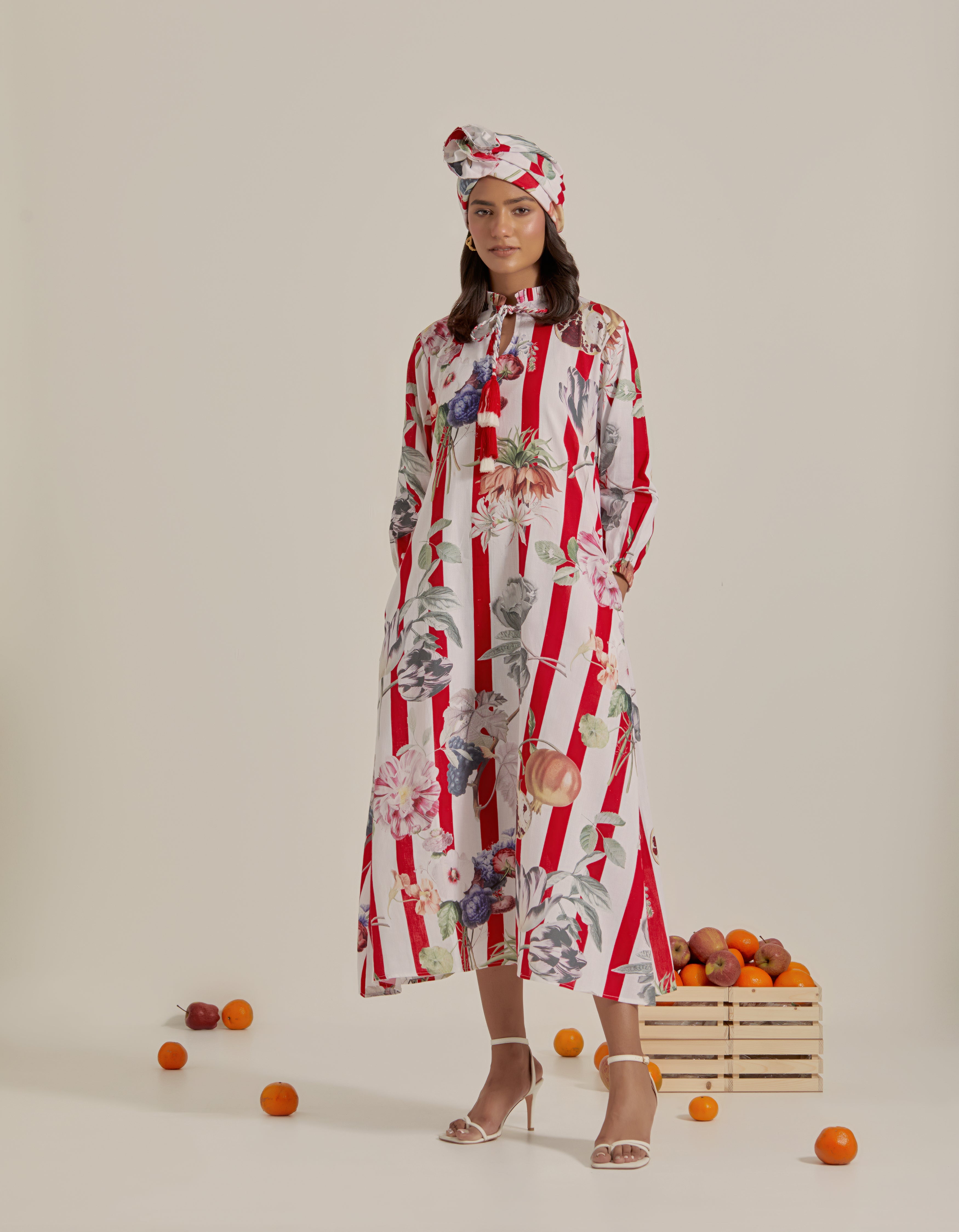 Red And White Stripes Printed Hawaii Maxi Dress