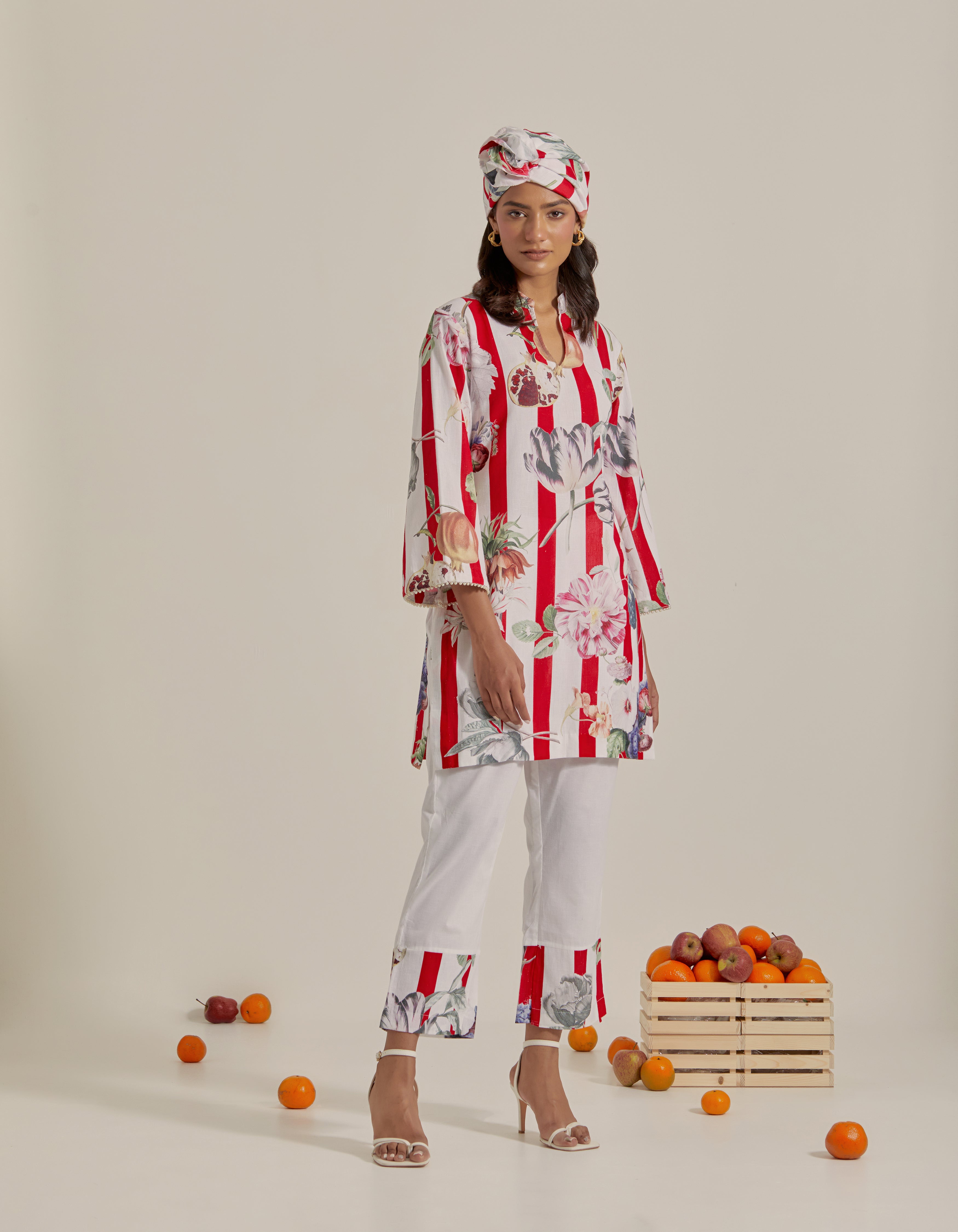 Red And White Printed Hawaii Short Kurta Set