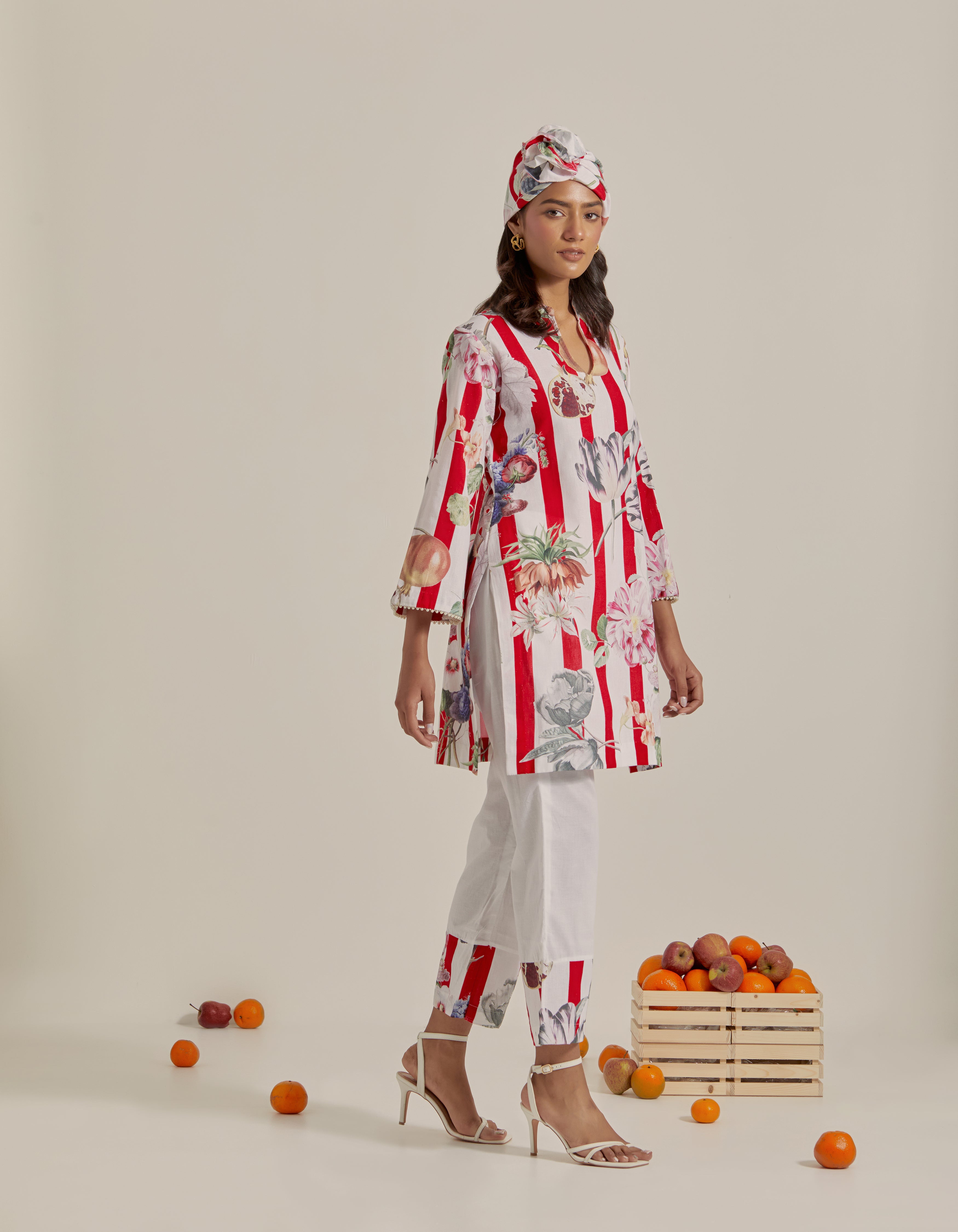 Red And White Printed Hawaii Short Kurta Set