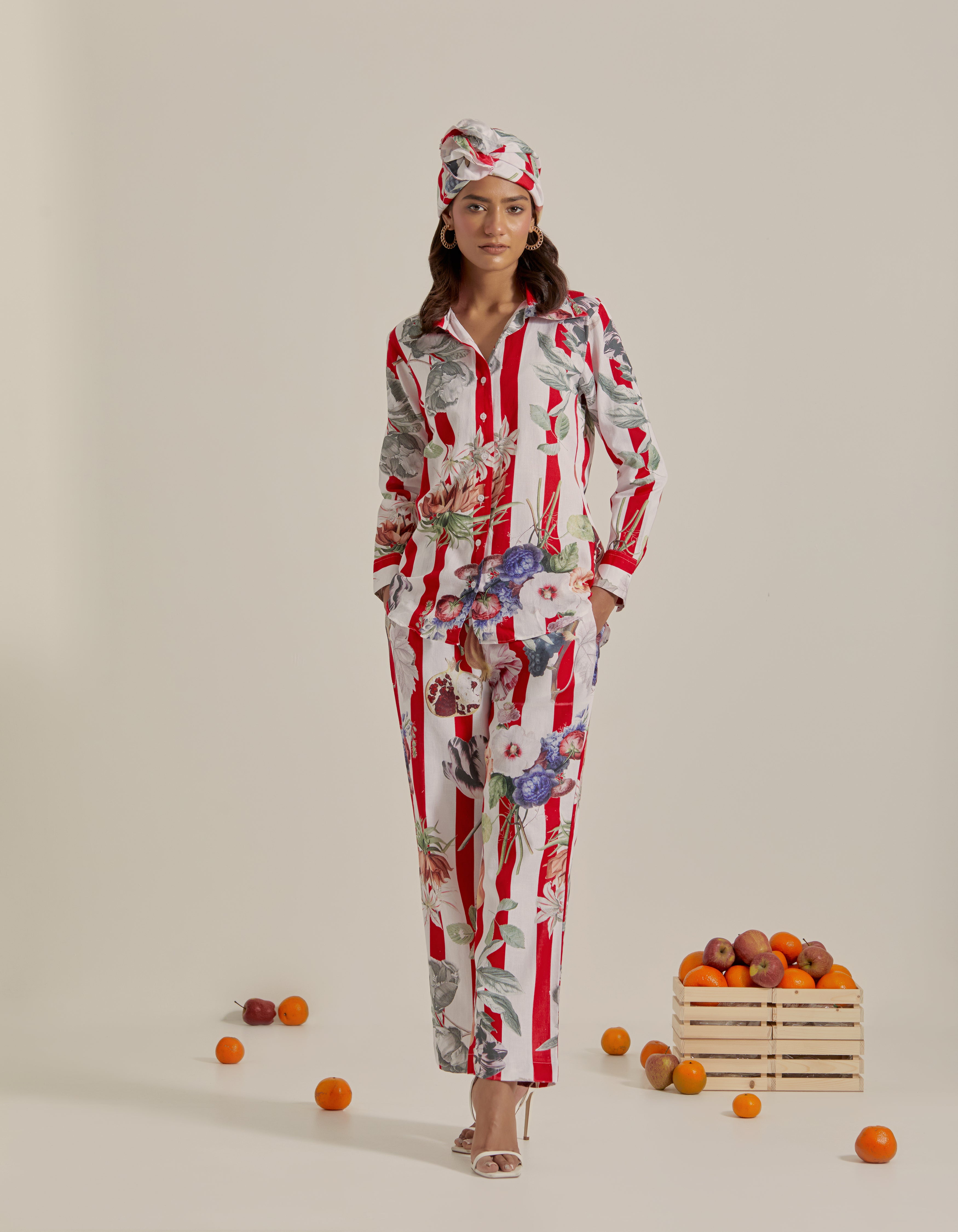 Red And White Stripes Printed Shirt Hawaii Co-Ord Set