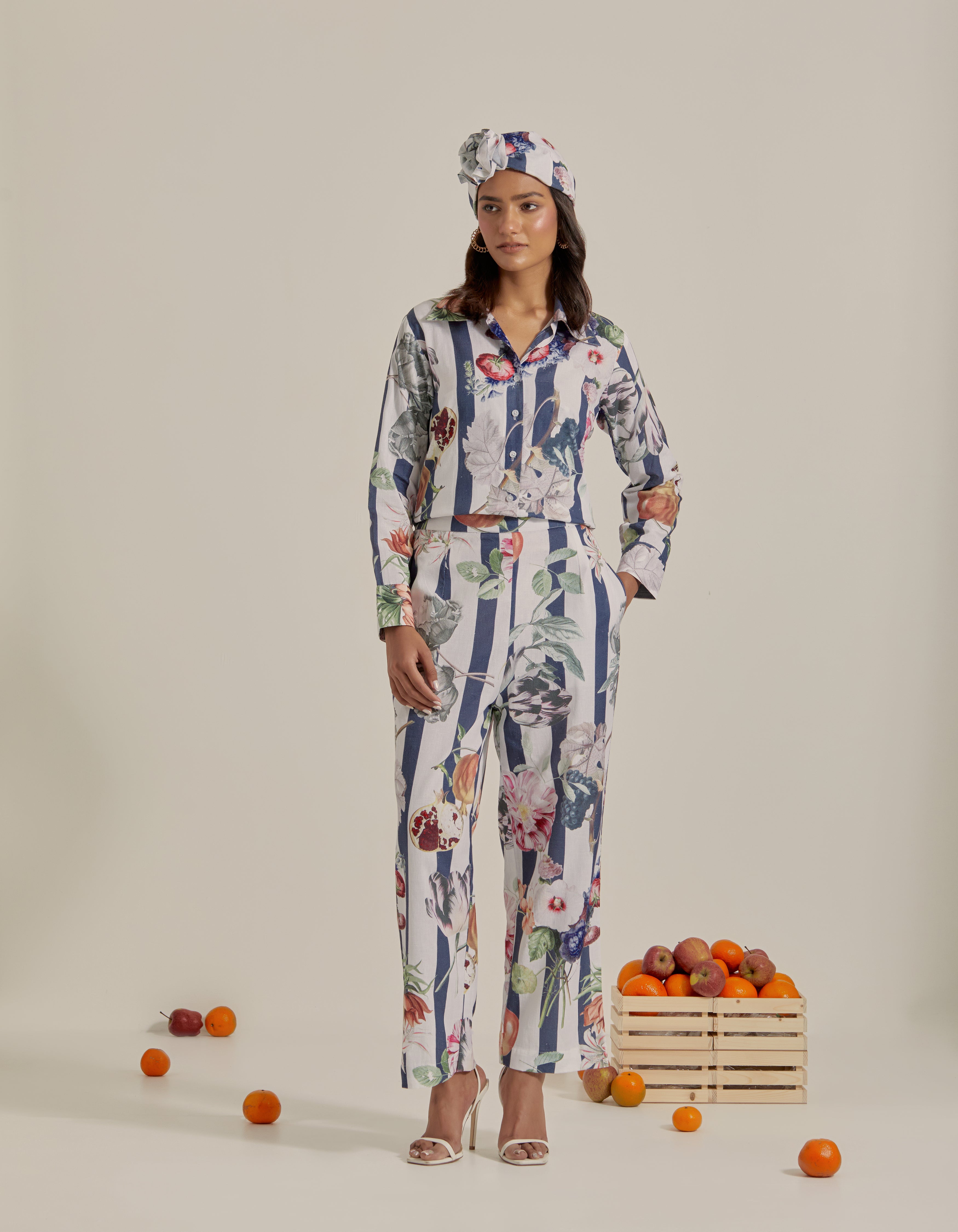 Navy Blue And White Stripes Printed Shirt Hawaii Co-Ord Set