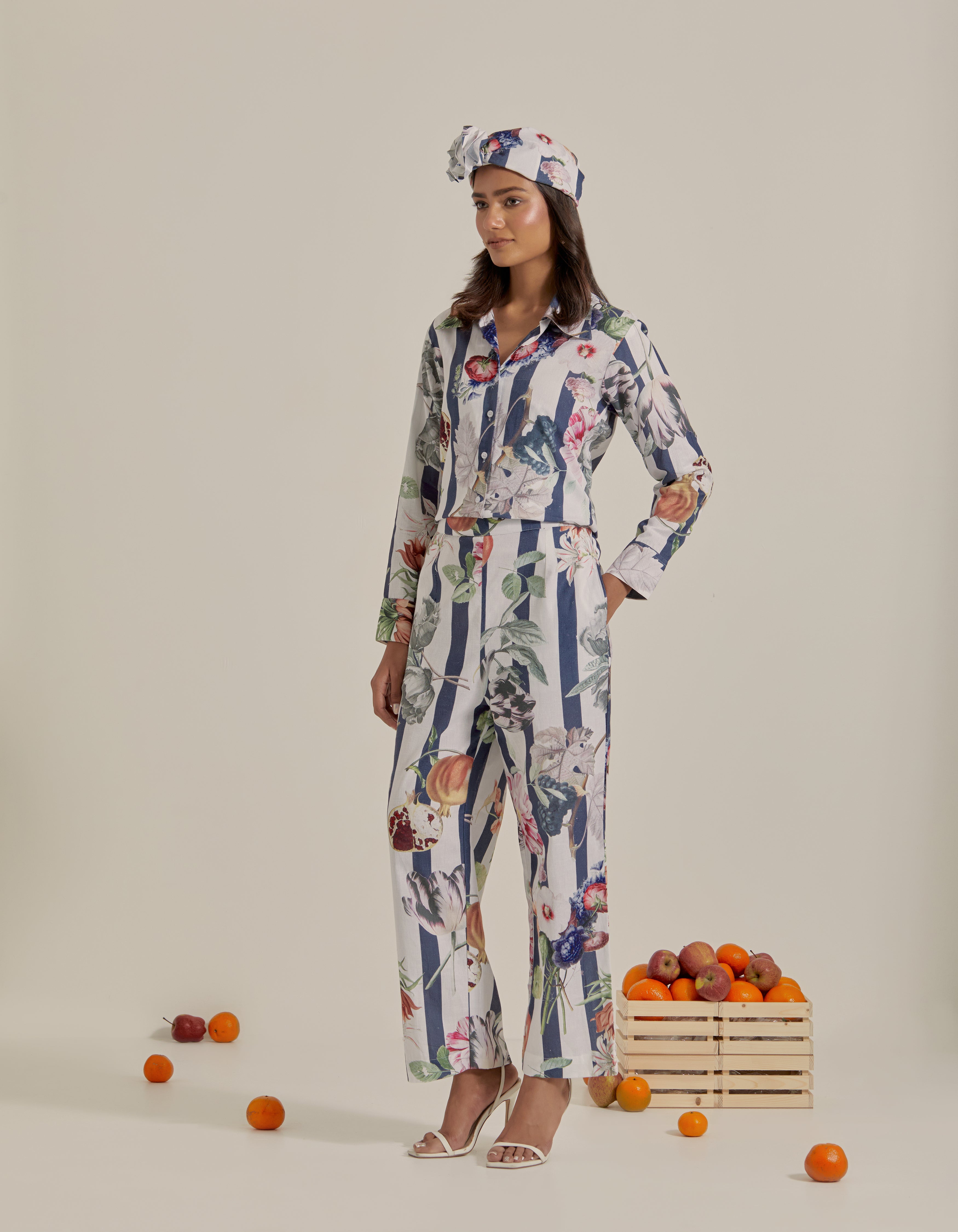 Navy Blue And White Stripes Printed Shirt Hawaii Co-Ord Set