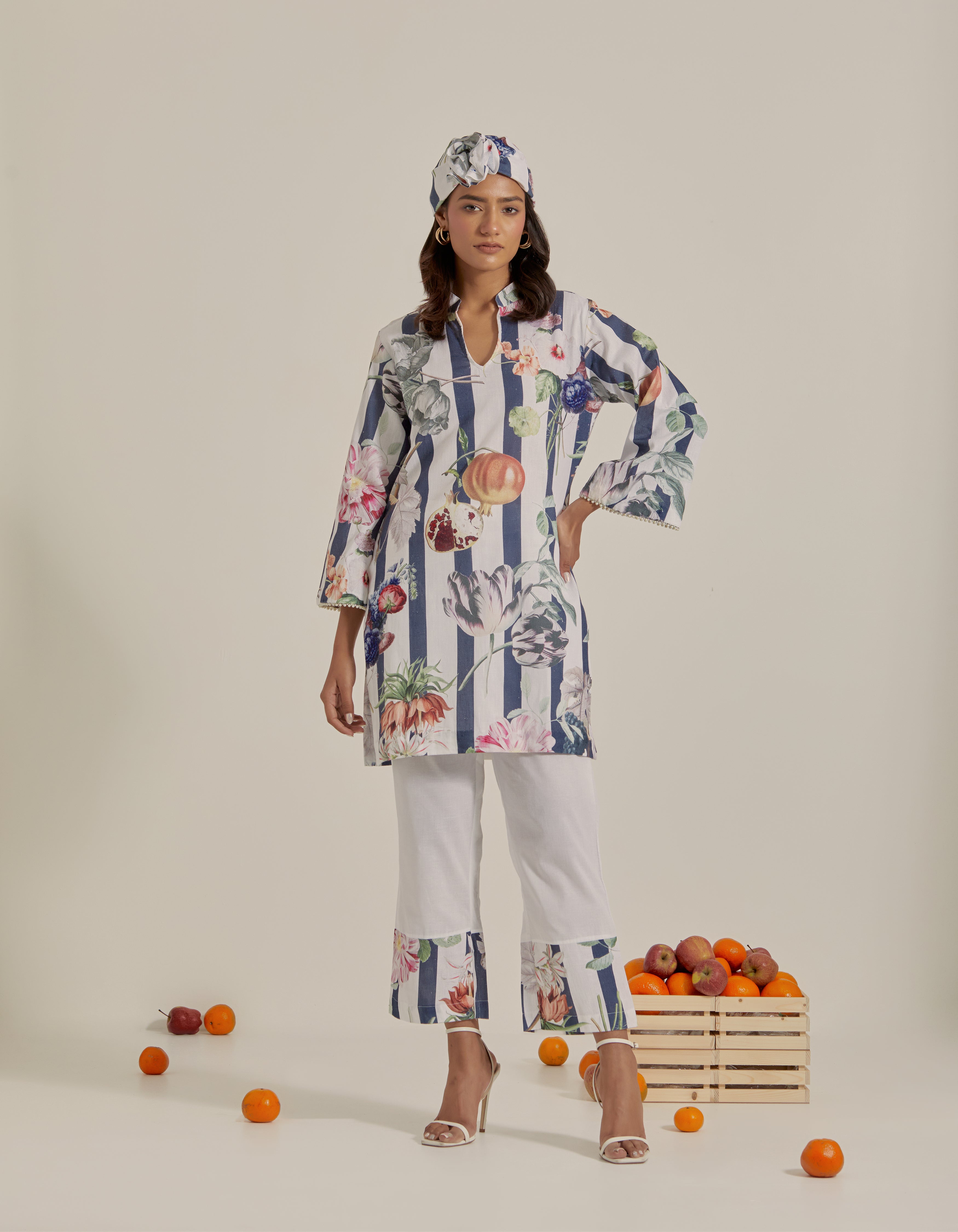 Navy Blue And White Printed Hawaii Short Kurta Set