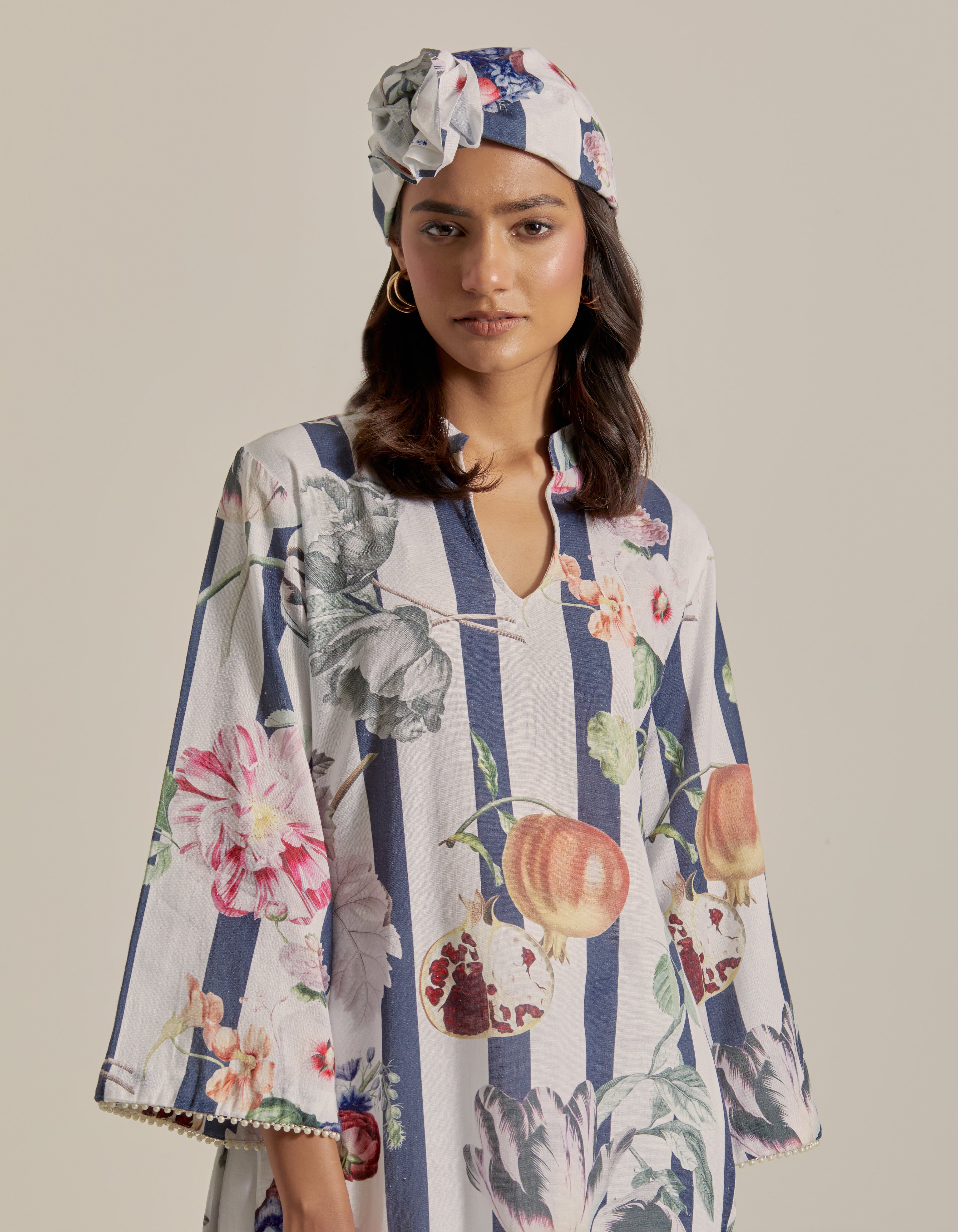 Navy Blue And White Printed Hawaii Short Kurta Set