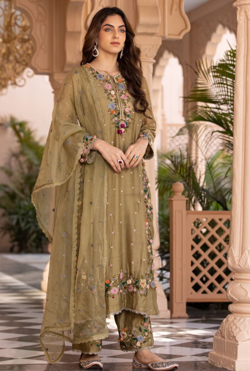 Olive Green Orchid Heavy Long Sahiba Kurta Set