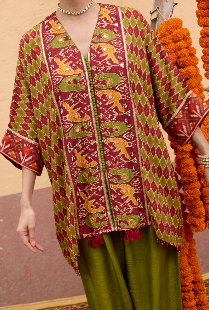 Green Patola Printed Short Oorja  Kaftan Set