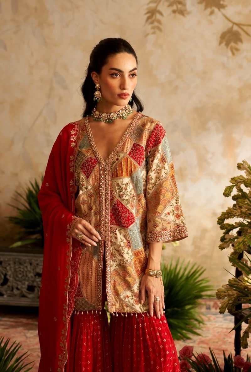 Red Abstract Embroidery Patches Rumi Gharara Set