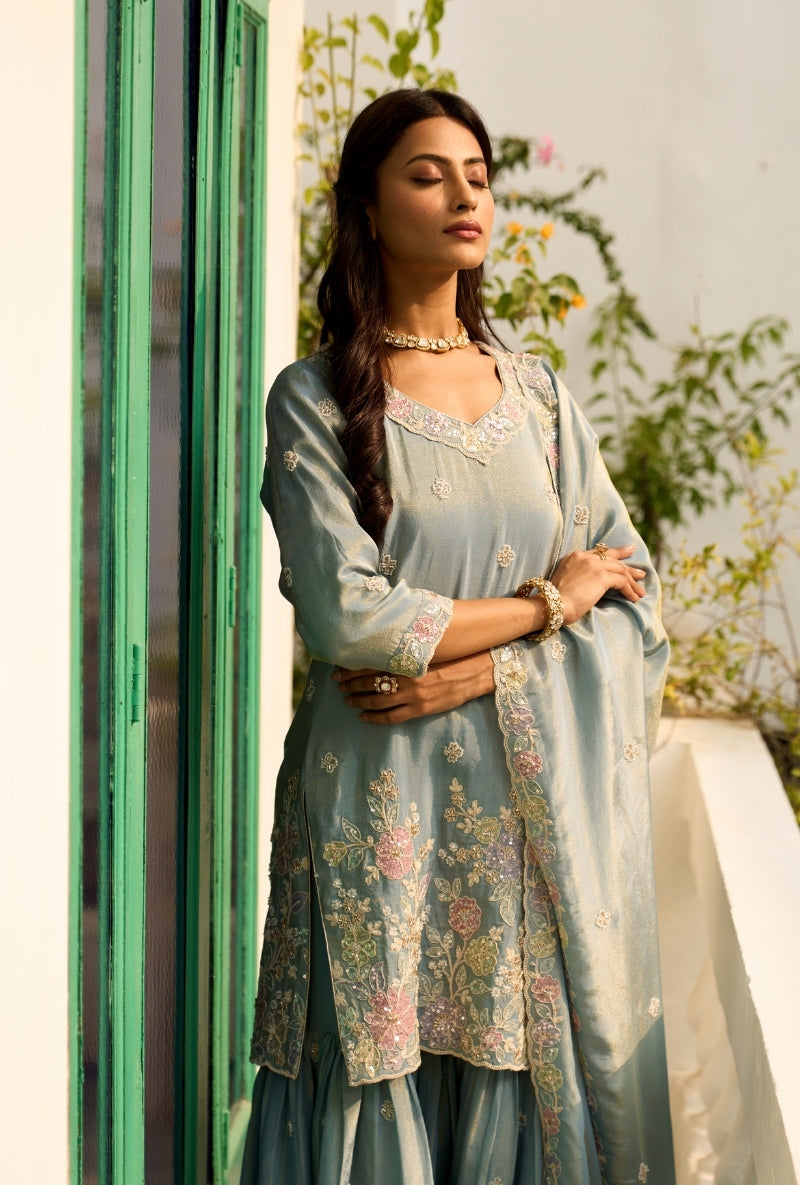 Light Blue Floral Thread Embroidery Nadira Sharara Set