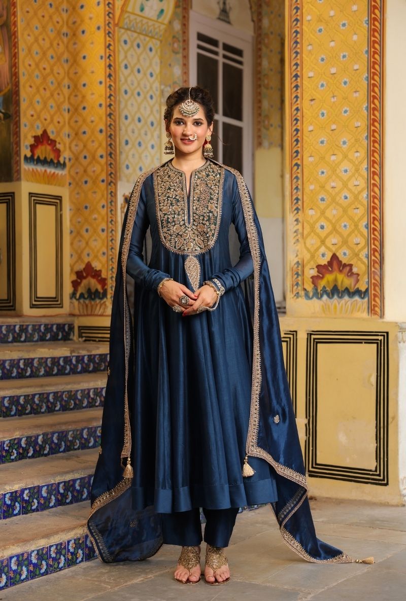 Blue Heavy Yoke Mehfil Anarkali Set