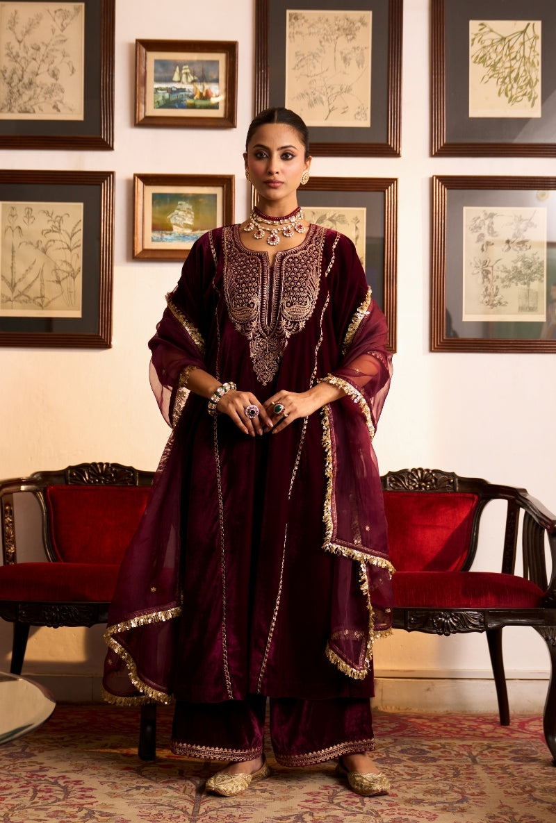 Wine Choga Style Panneled Dilbar Kurta Set