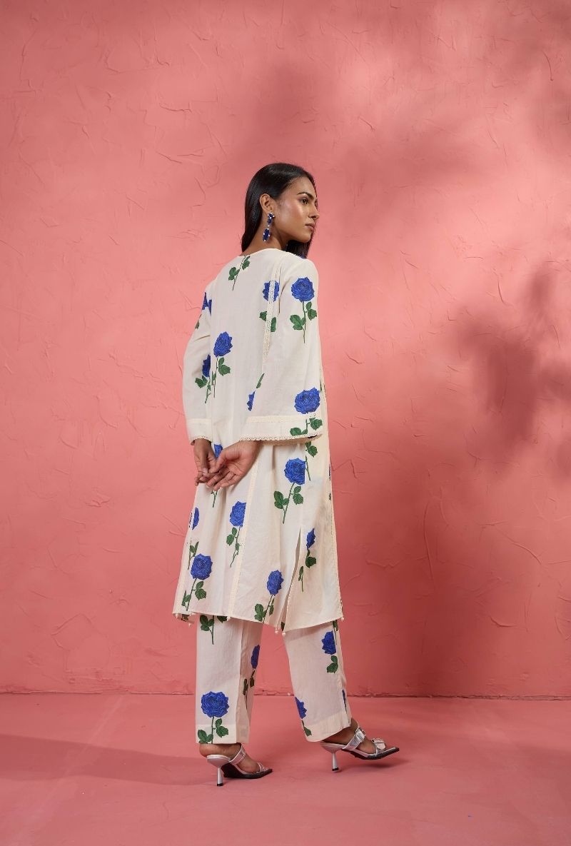 Off White Rose Print Bulbul Kurta Set