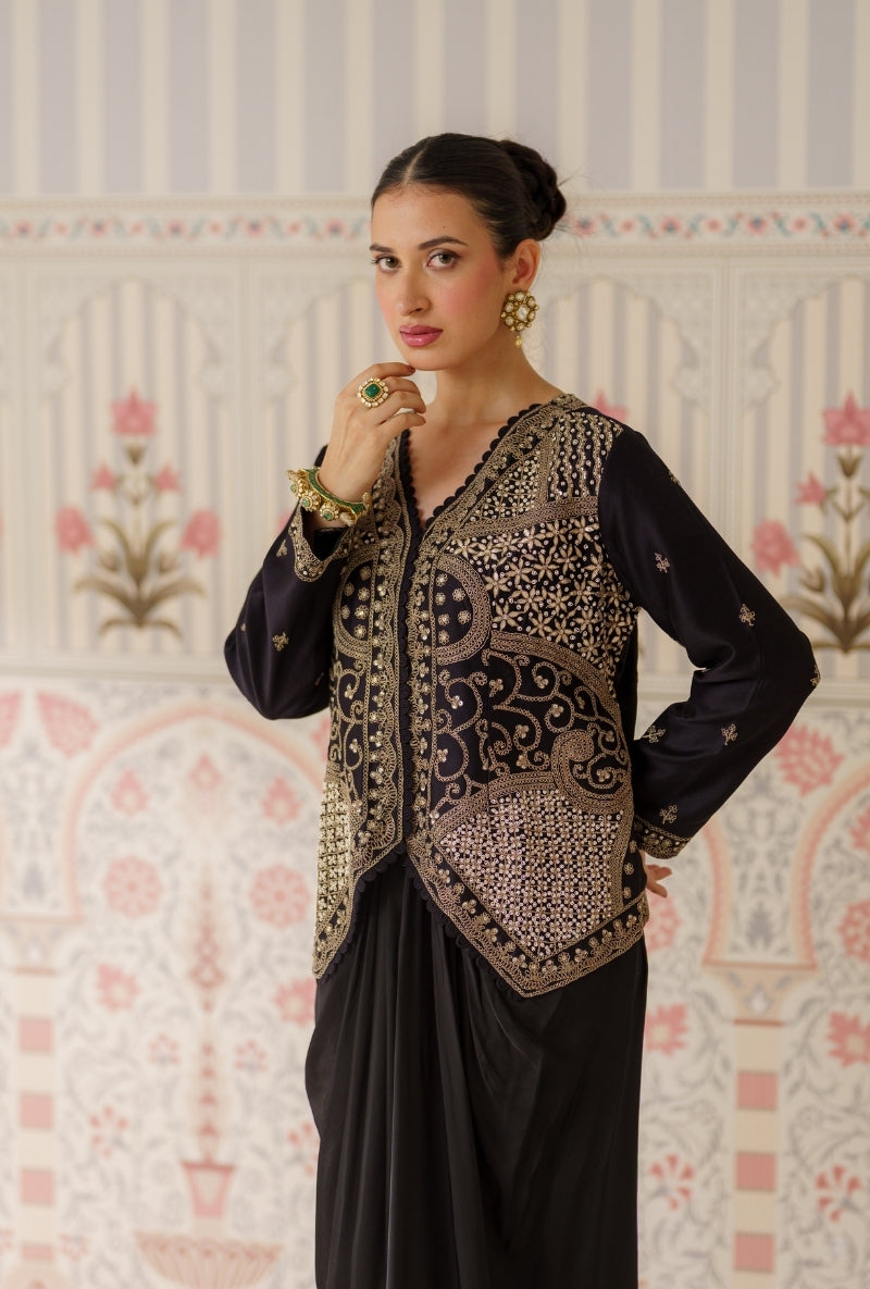 Black Heavy Embroidered Mallika Jacket Set