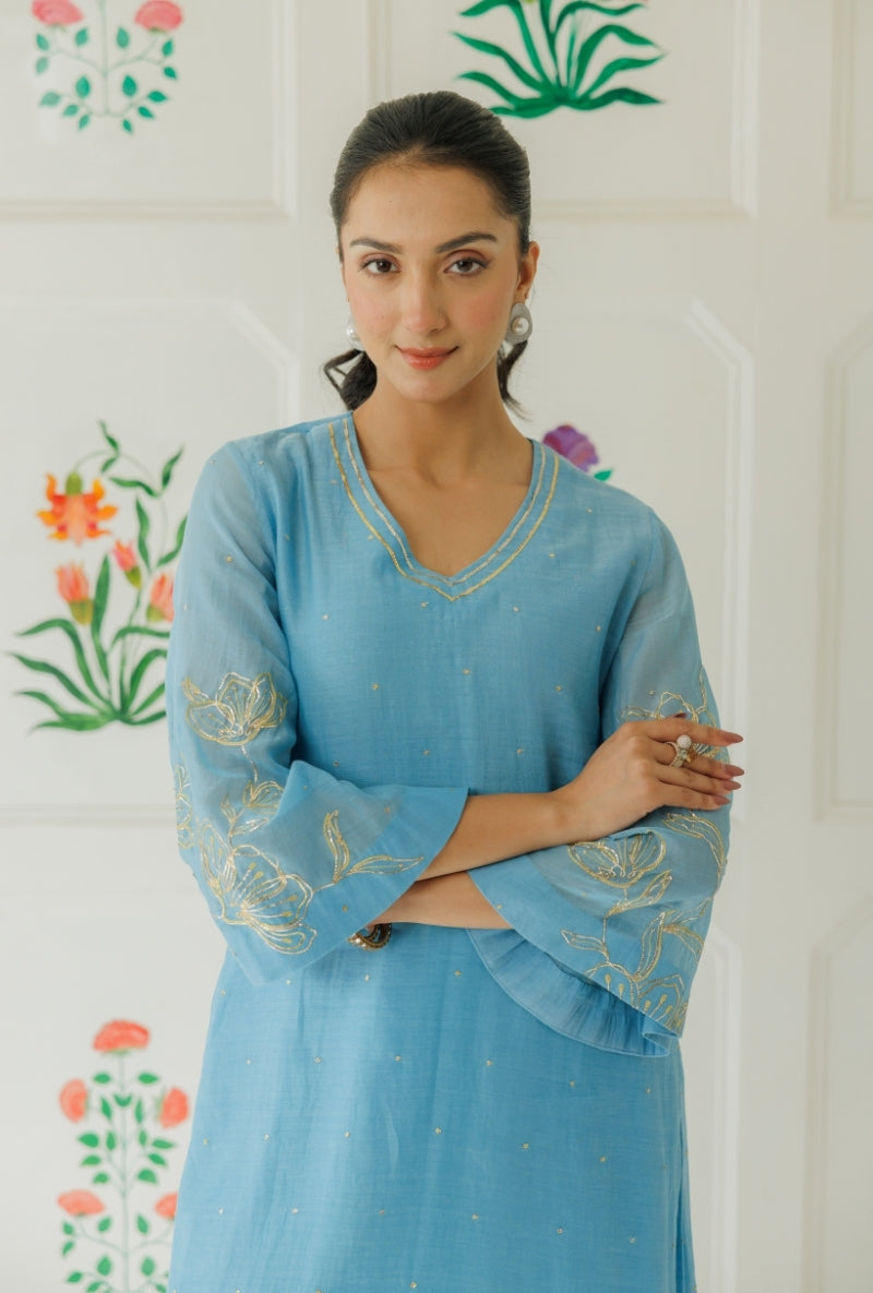 Light Blue Pitta Work Sleeve Baani Kurta Set