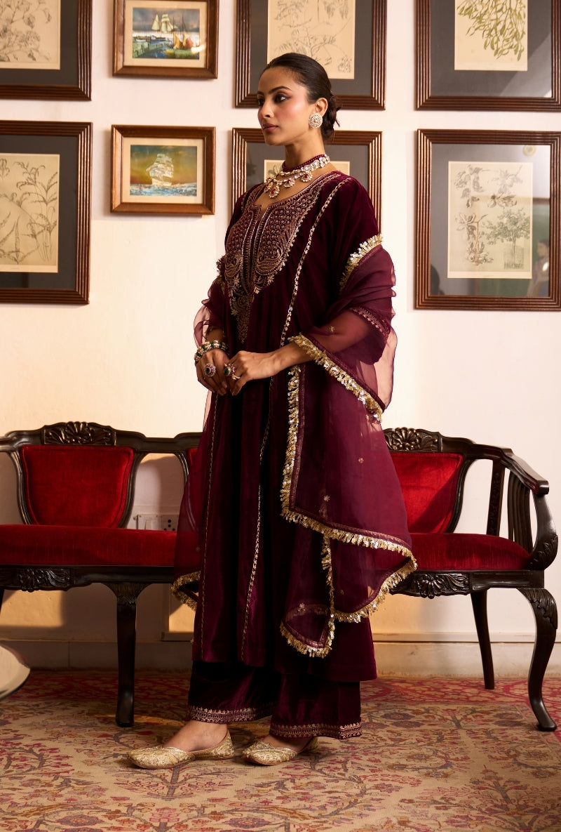 Wine Choga Style Panneled Dilbar Kurta Set
