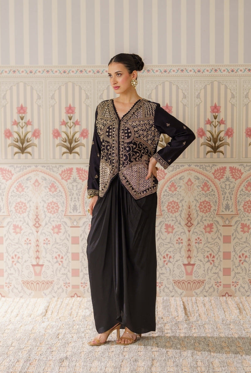 Black Heavy Embroidered Mallika Jacket Set