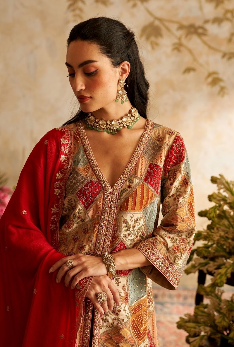 Red Abstract Embroidery Patches Rumi Gharara Set
