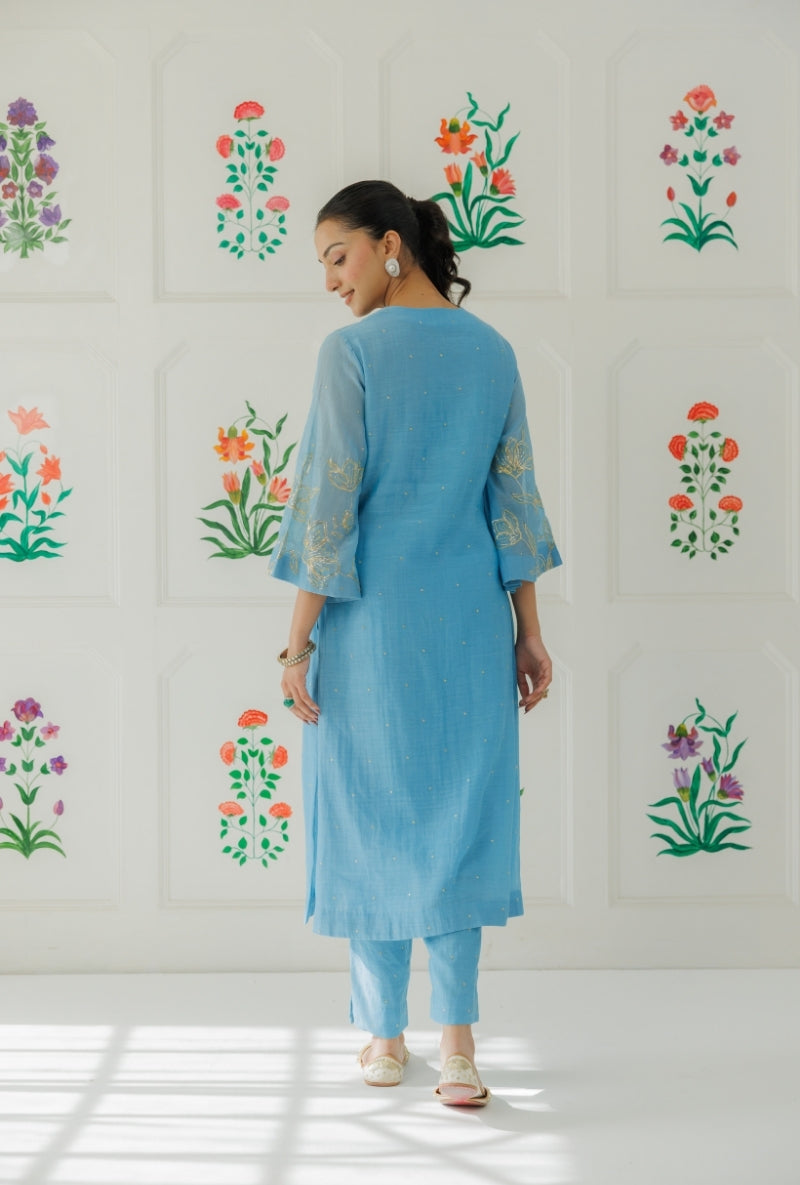 Light Blue Pitta Work Sleeve Baani Kurta Set