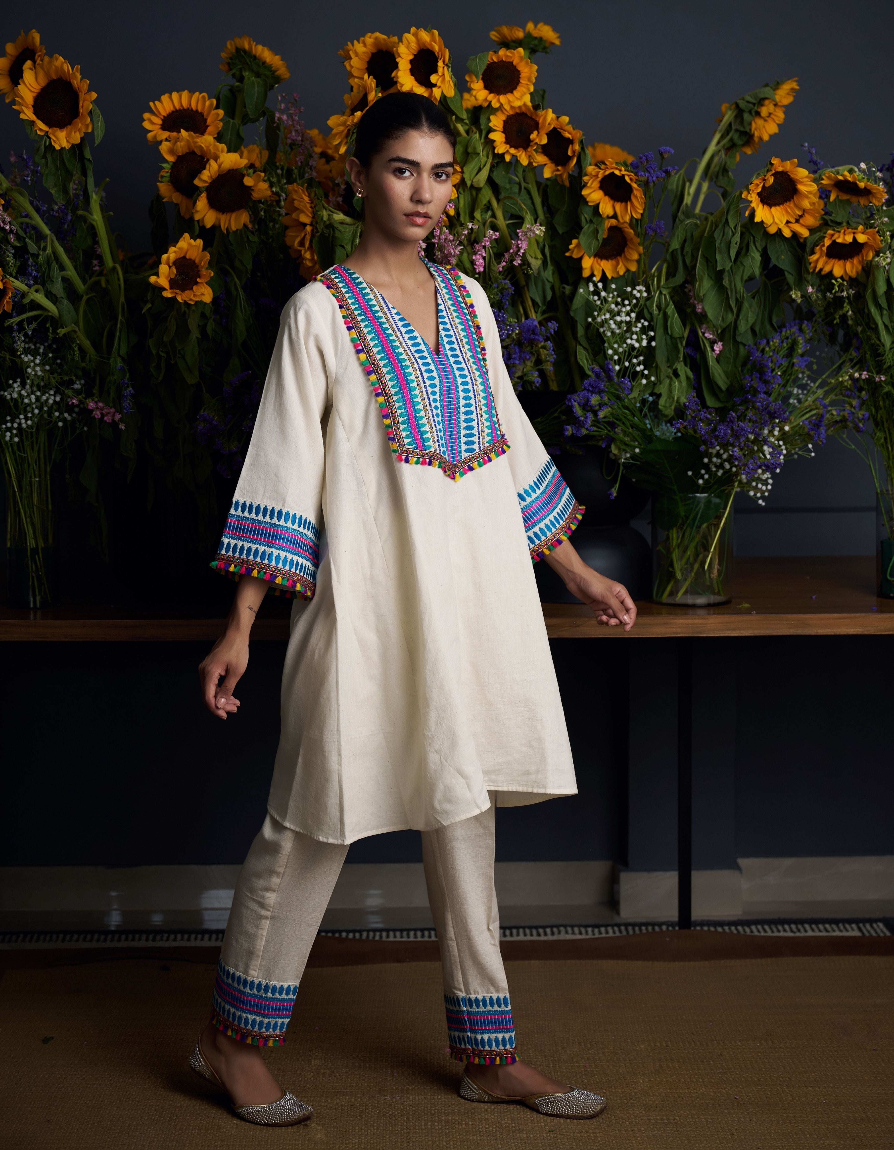Beige Multi Colour Jacquard Yoke Dhvani Nadia Kurta Set