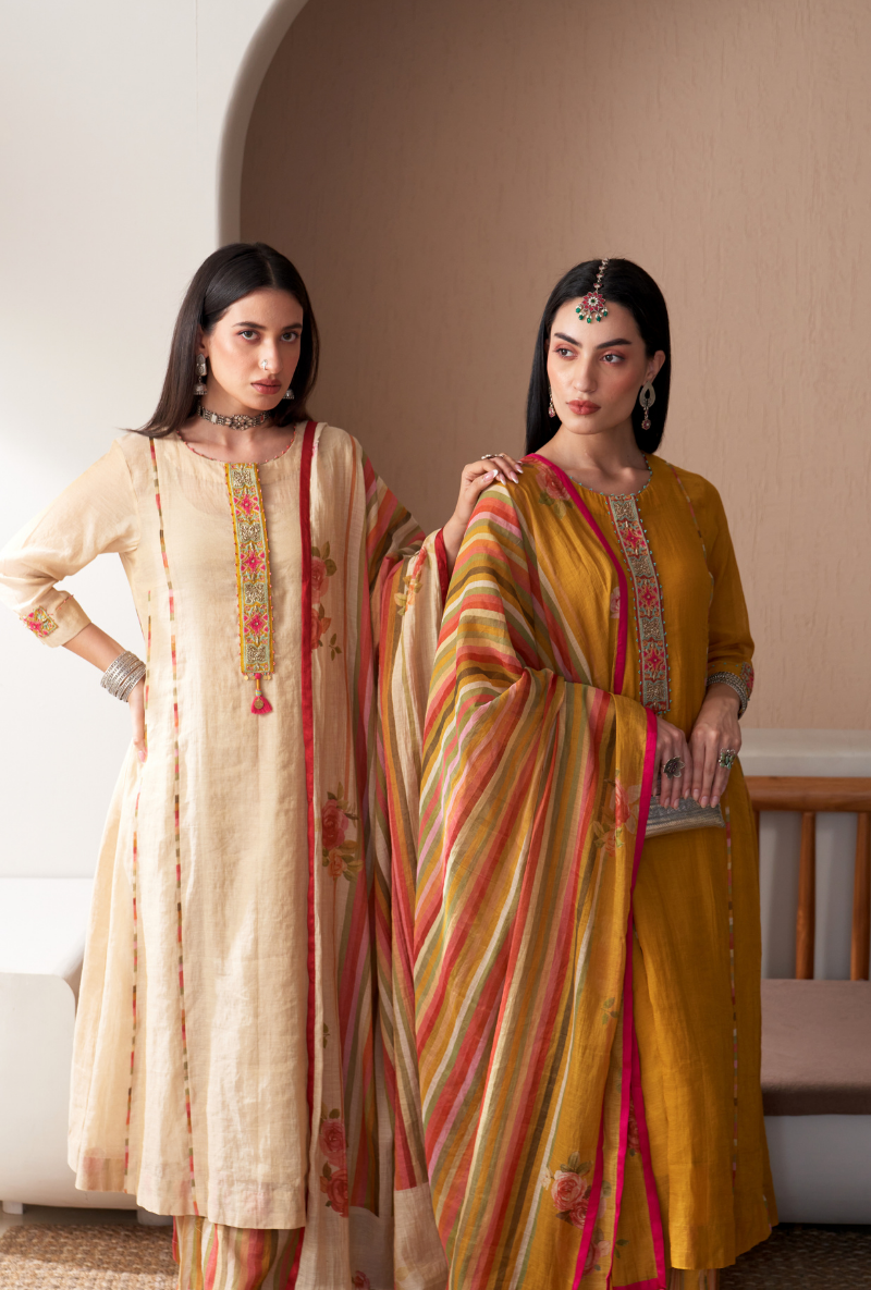 Ivory Embroidered Placket Bageecha Anarkali Set