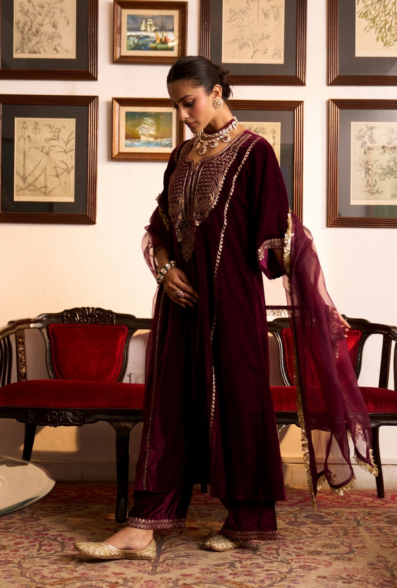 Wine Choga Style Panneled Dilbar Kurta Set