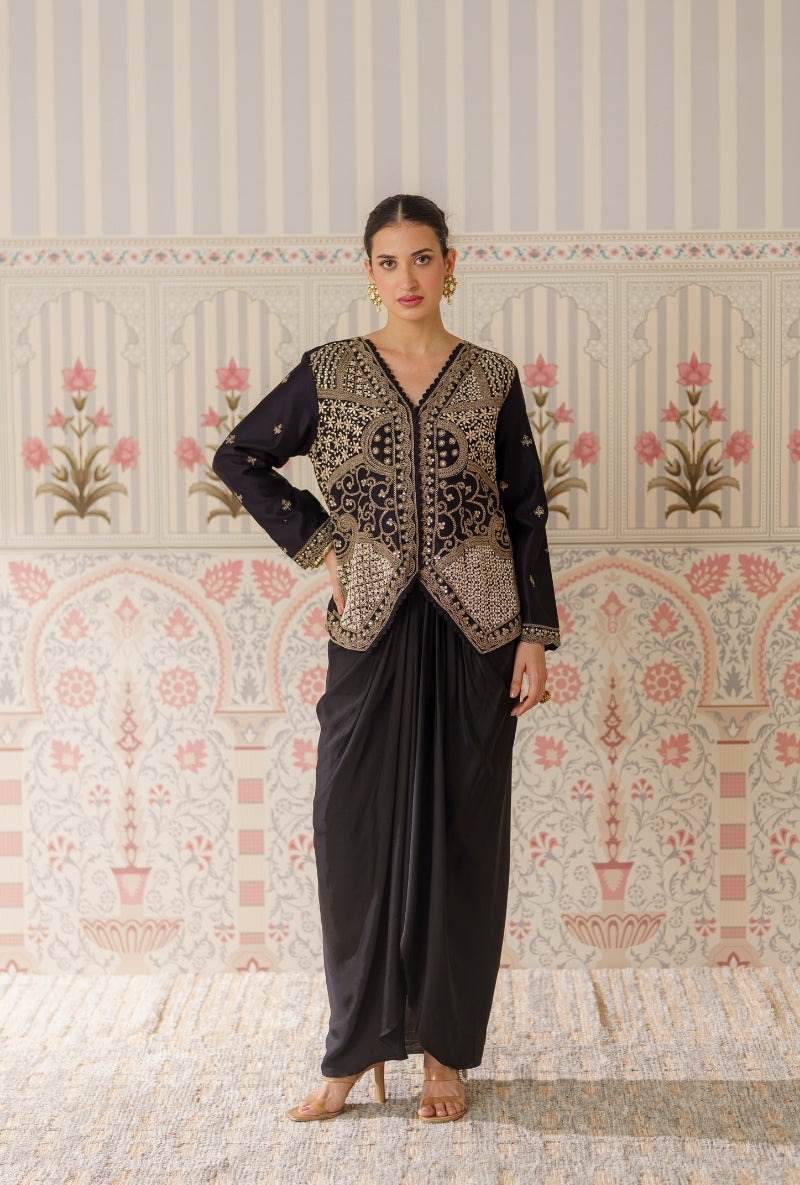Black Heavy Embroidered Mallika Jacket Set