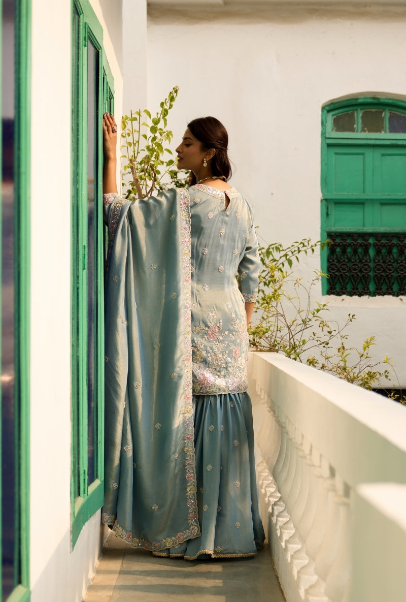 Light Blue Floral Thread Embroidery Nadira Sharara Set